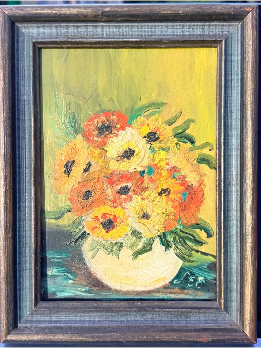Vintage 1960s original oil painting on board featuring a floral still life scene